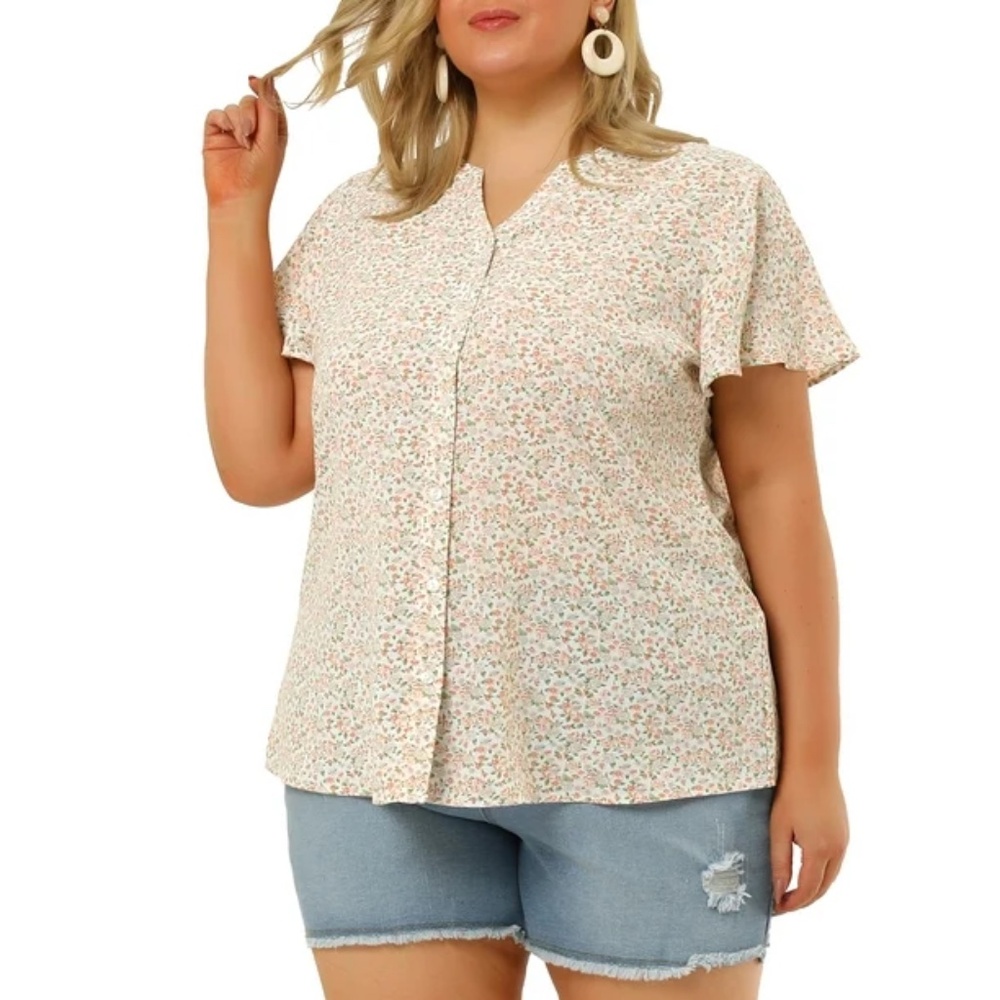 Agnes Orinda Plus Size Short Sleeve Button Down Collar Chiffon Floral Blouse |2X